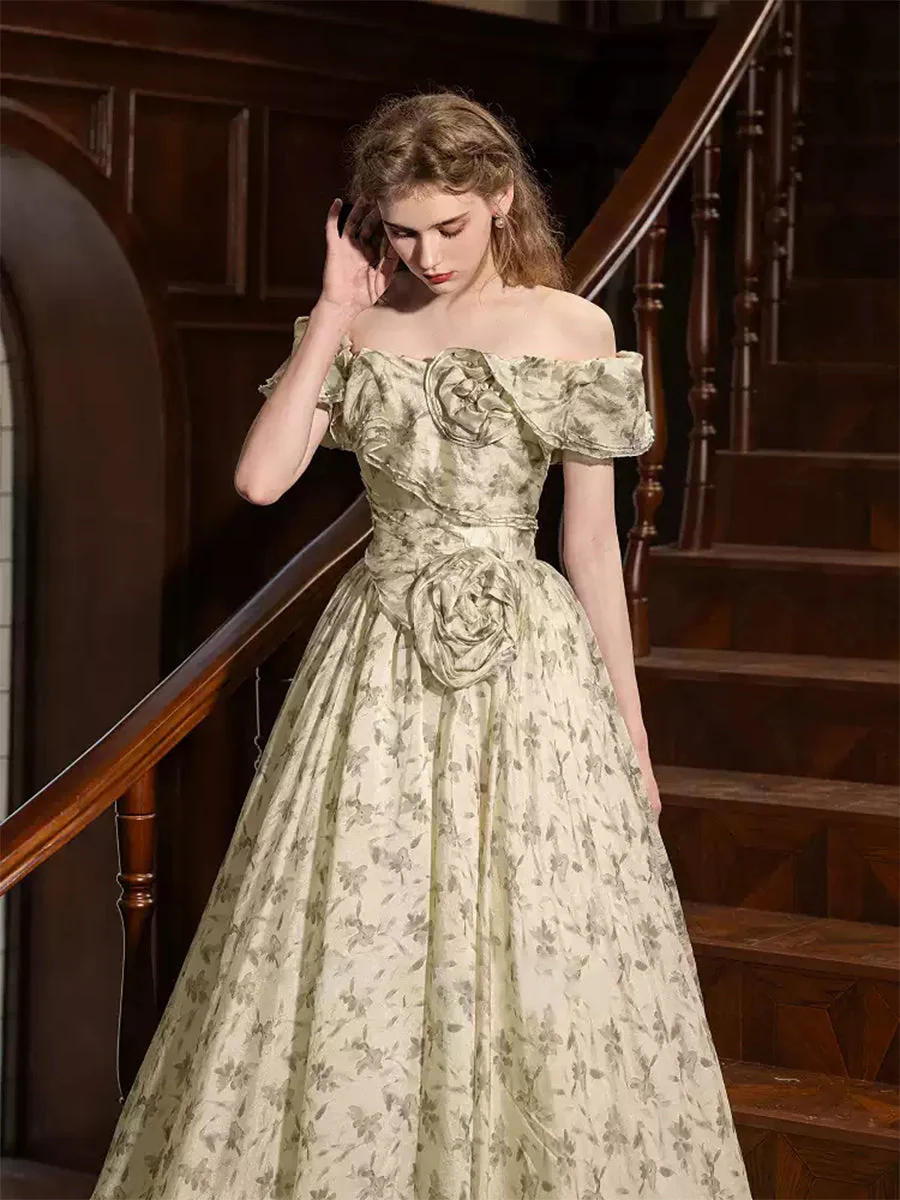 Ball Gown Off-the-shoulder Floor-Length Printed Floral Pleated Prom Dresses with 3D Flowers & Ruffles - Image 3