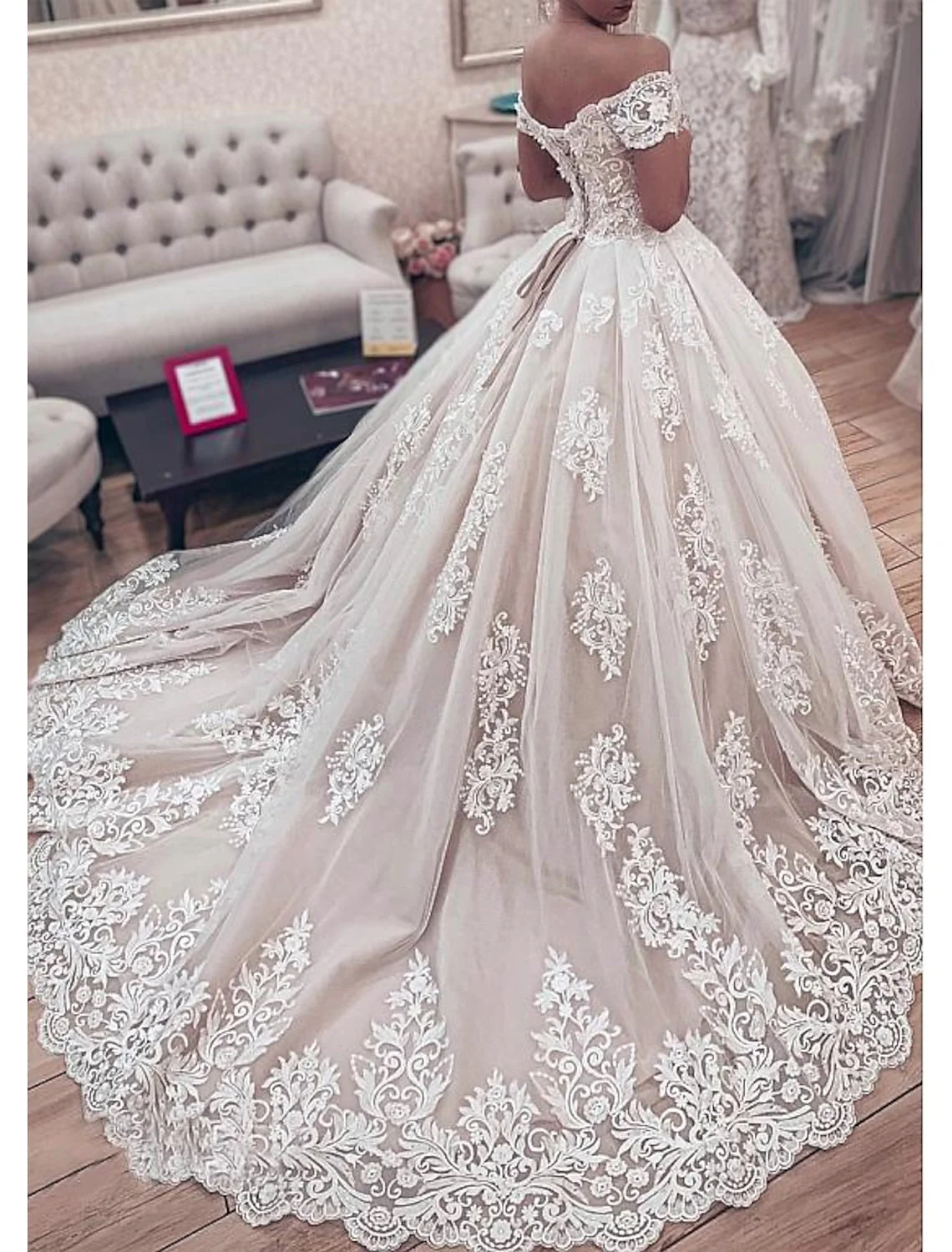 Ball Gown Off-the-Shoulder Floor-length Lace Wedding Dress - Image 2