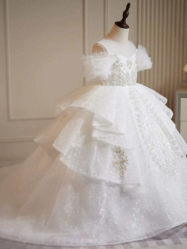 Ball Gown Off-the-Shoulder Lace Flower Girl Party Dresses with Rhinestone Appliques - Image 3