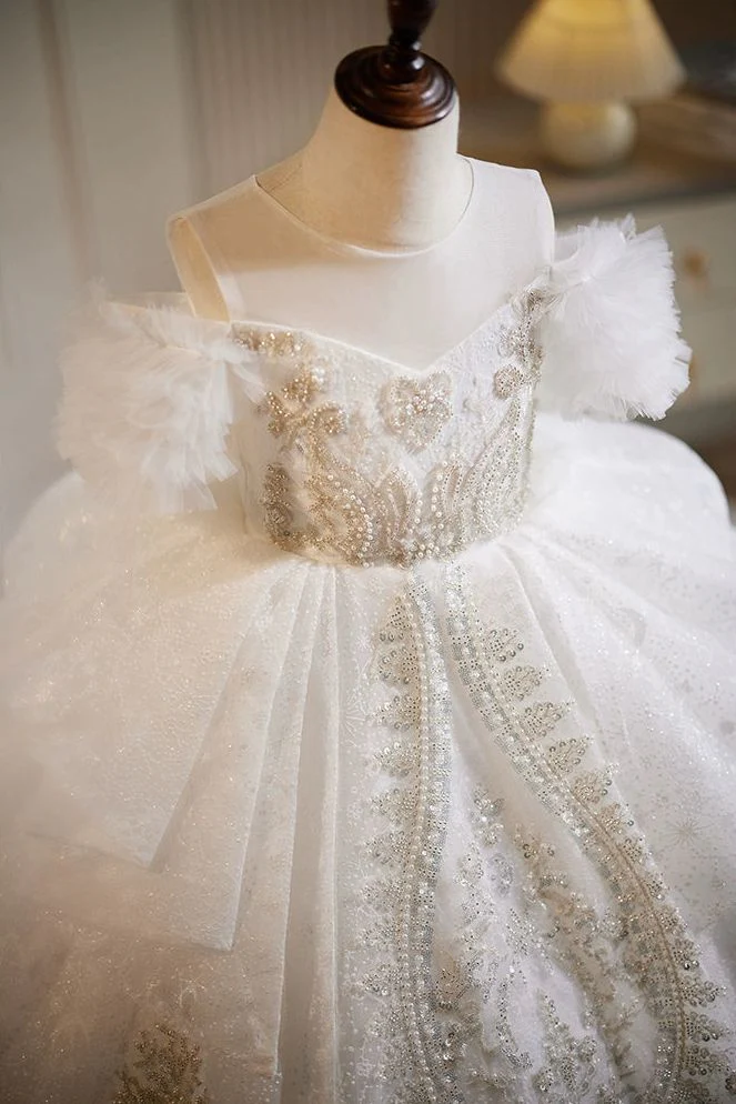 Ball Gown Off-the-Shoulder Lace Flower Girl Party Dresses with Rhinestone Appliques - Image 4