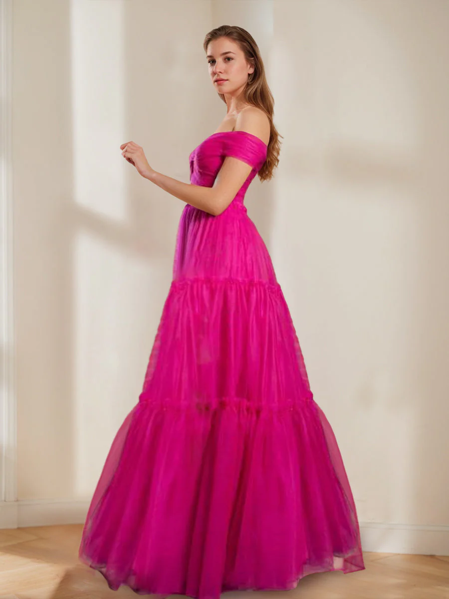 Ball Gown Off-the-shoulder Ruched Floor-Length Prom Dresses with Pleats - Image 3