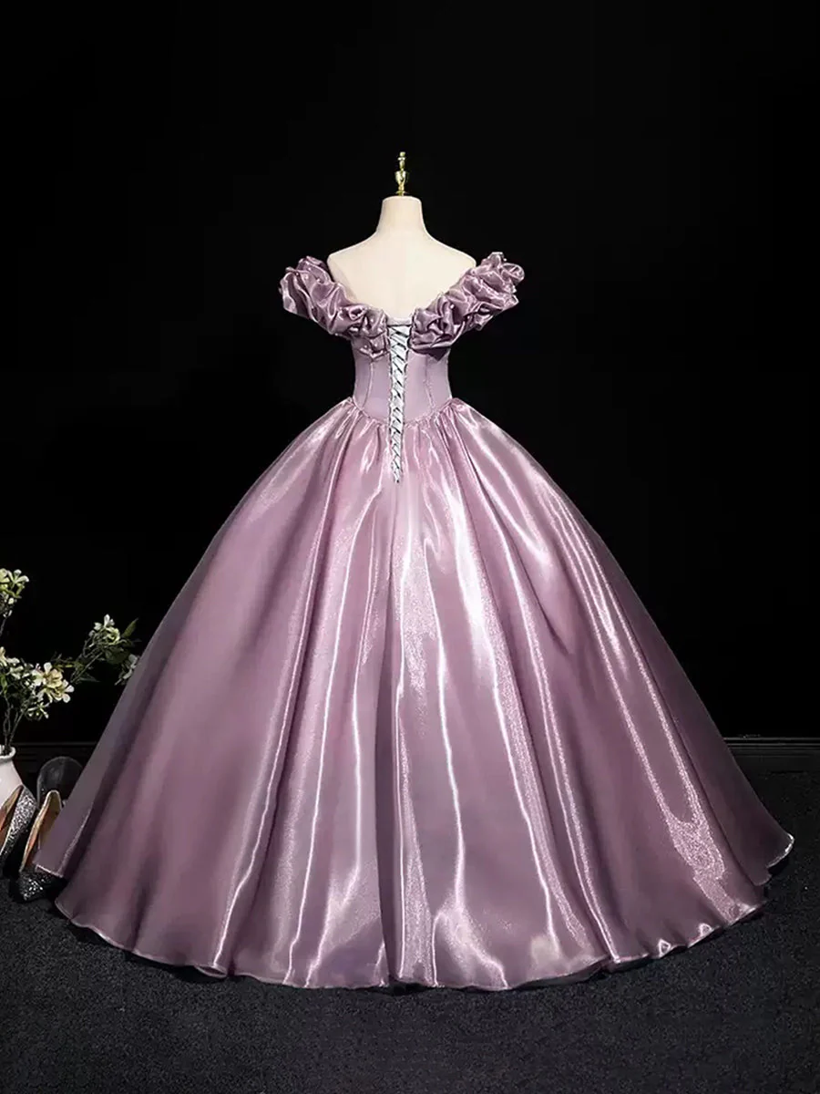 Ball Gown Off-the-shoulder Ruffled Sleeves Floor-Length Pleated Prom Dresses with Pearls & Lace-up - Image 2