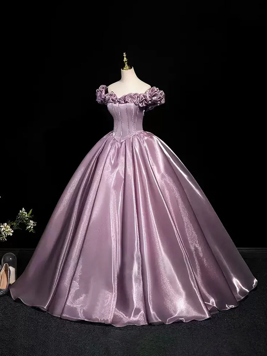 Ball Gown Off-the-shoulder Ruffled Sleeves Floor-Length Pleated Prom Dresses with Pearls & Lace-up - Image 3