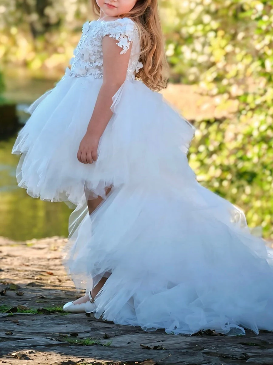 Ball Gown Off-the-Shoulder Sleeveless Flower Girl Dress With Lace Embroidery & Watteau Train - Image 2