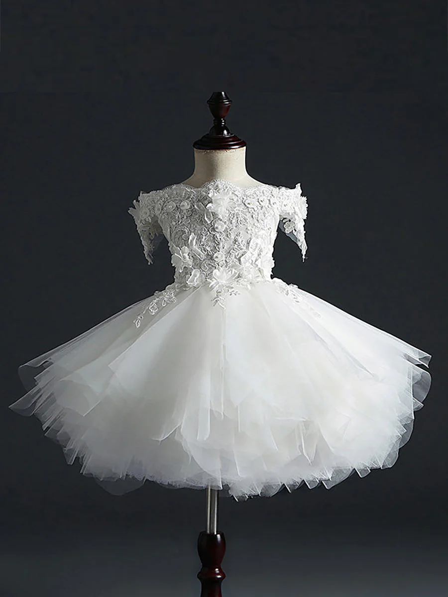 Ball Gown Off-the-Shoulder Sleeveless Flower Girl Dress With Lace Embroidery & Watteau Train - Image 5