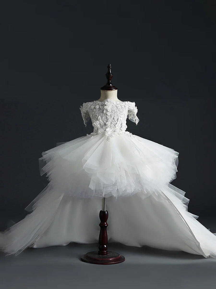 Ball Gown Off-the-Shoulder Sleeveless Flower Girl Dress With Lace Embroidery & Watteau Train - Image 6
