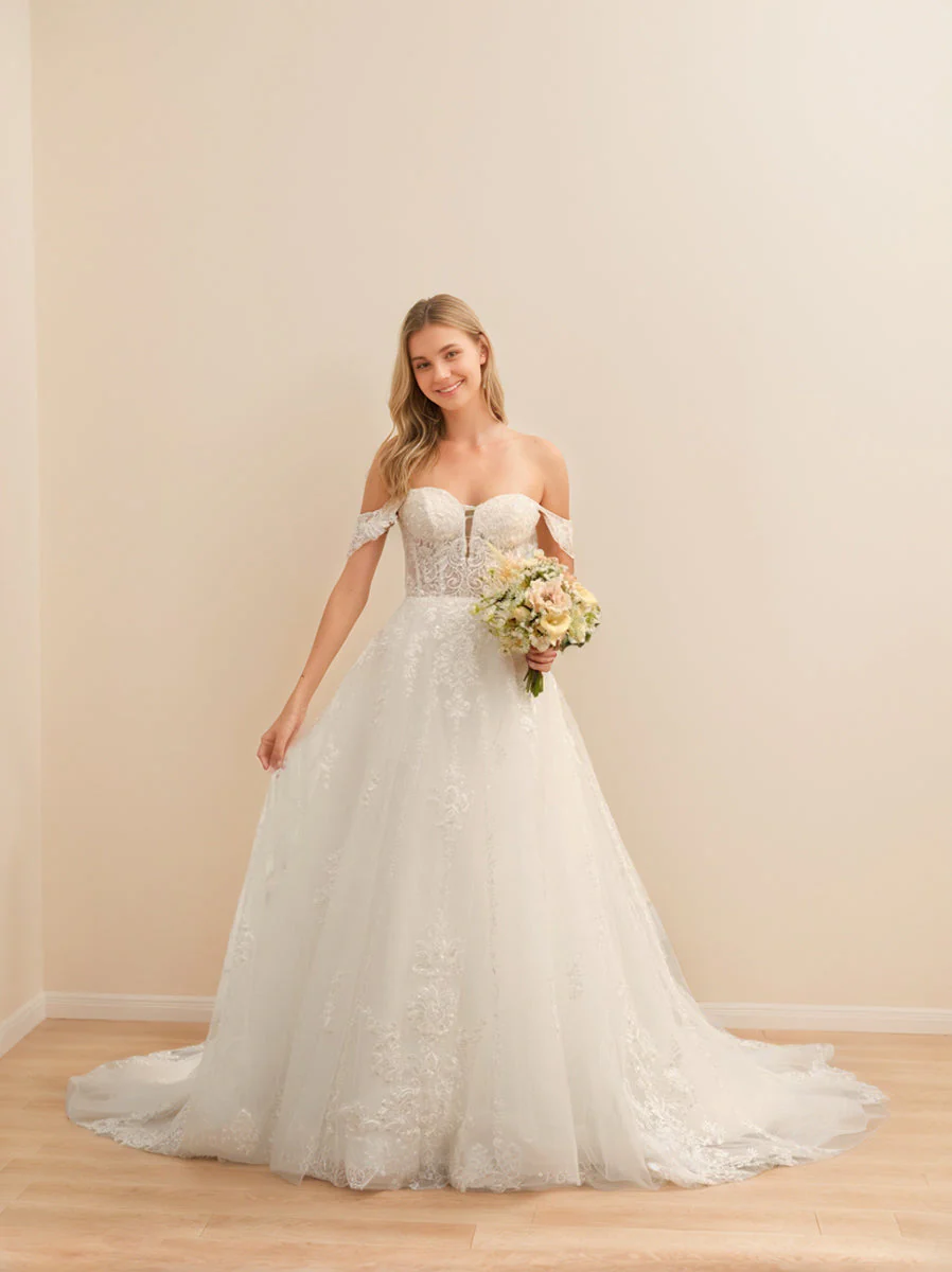 Ball Gown Off-the-Shoulder Sleeveless Long Tulle Wedding Dresses with Lace Appliques - Image 3