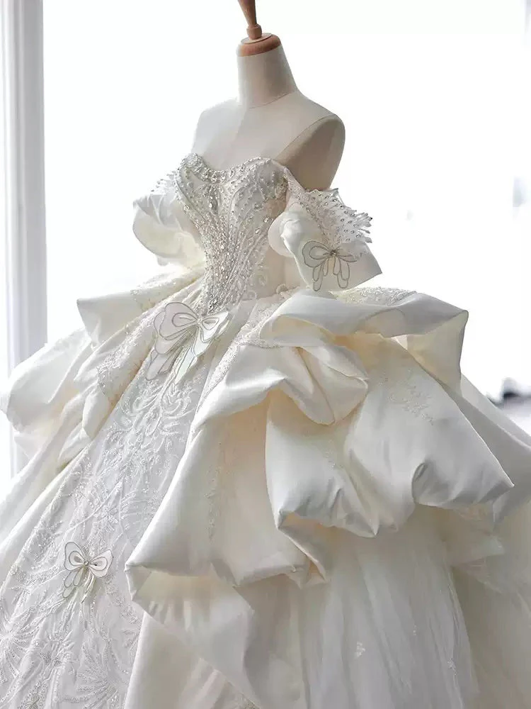 Ball Gown Off-the-Shoulder White Satin Wedding Dresses with Appliques & Beadings - Image 2