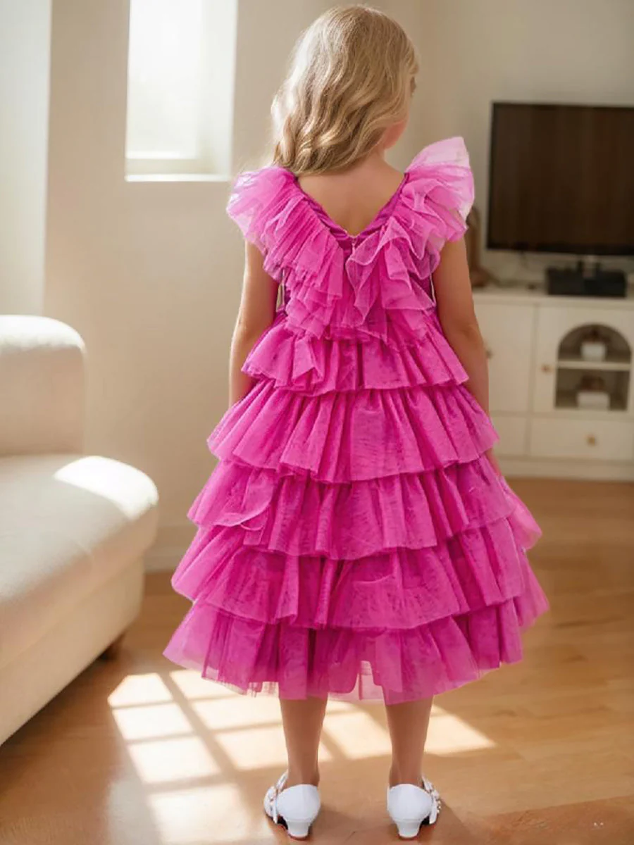 Ball-Gown/Princess Pink Sleeveless Tulle Flower Girl Dress with Ruffles - Image 2