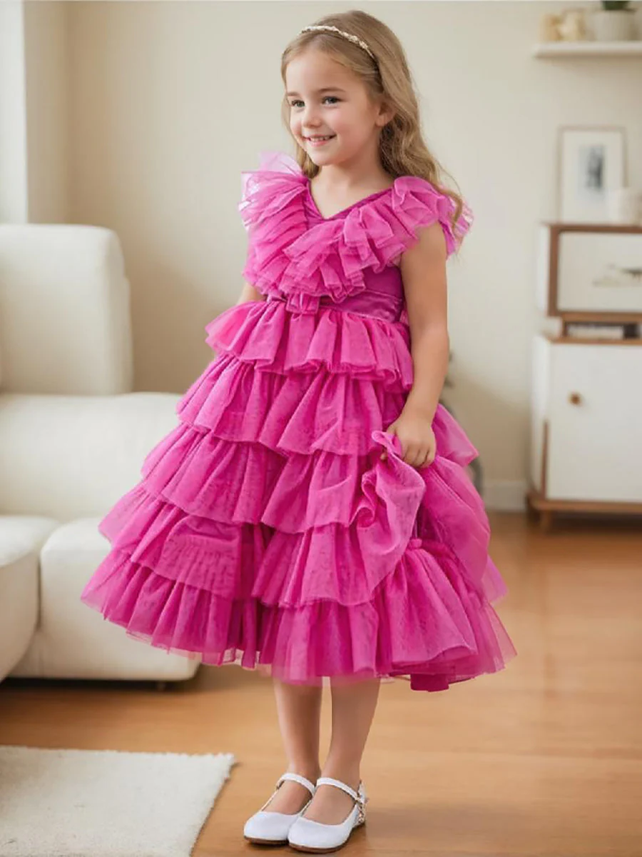Ball-Gown/Princess Pink Sleeveless Tulle Flower Girl Dress with Ruffles - Image 3