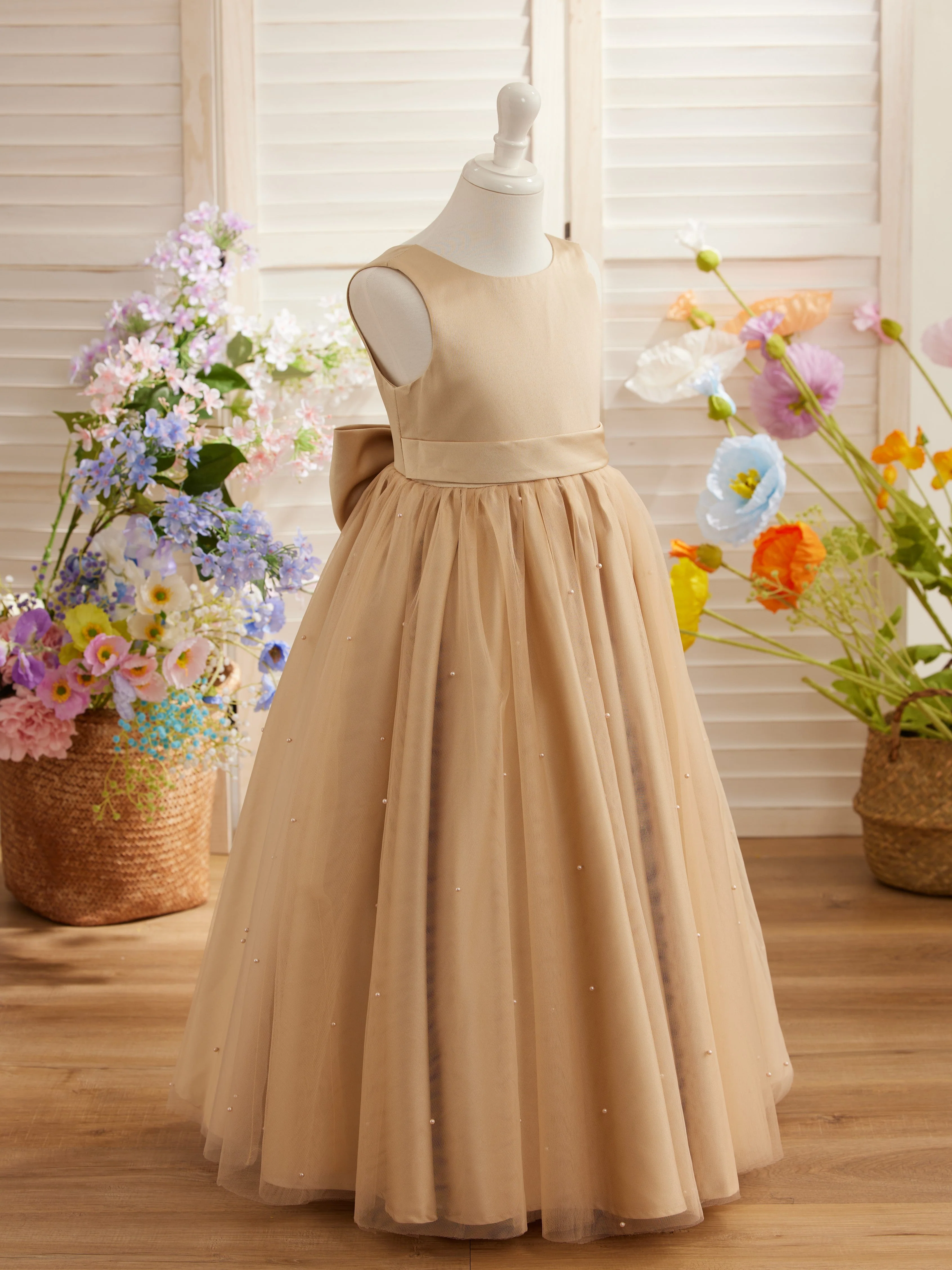 Ball-Gown/Princess Satin Tulle Champagne Flower Girl Dress - Image 2