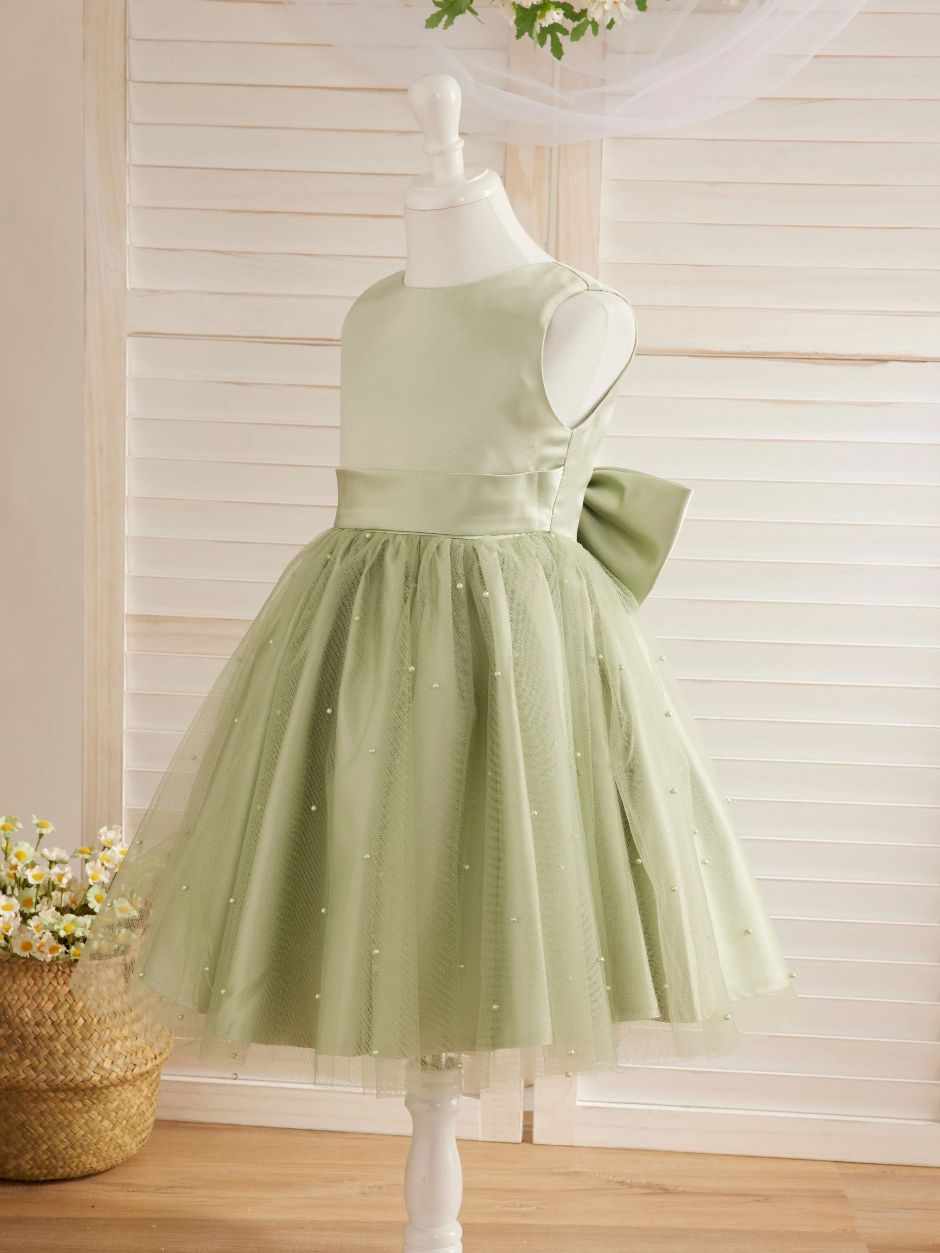 Ball-Gown/Princess Satin Tulle Knee-length Flower Girl Dress - Image 3