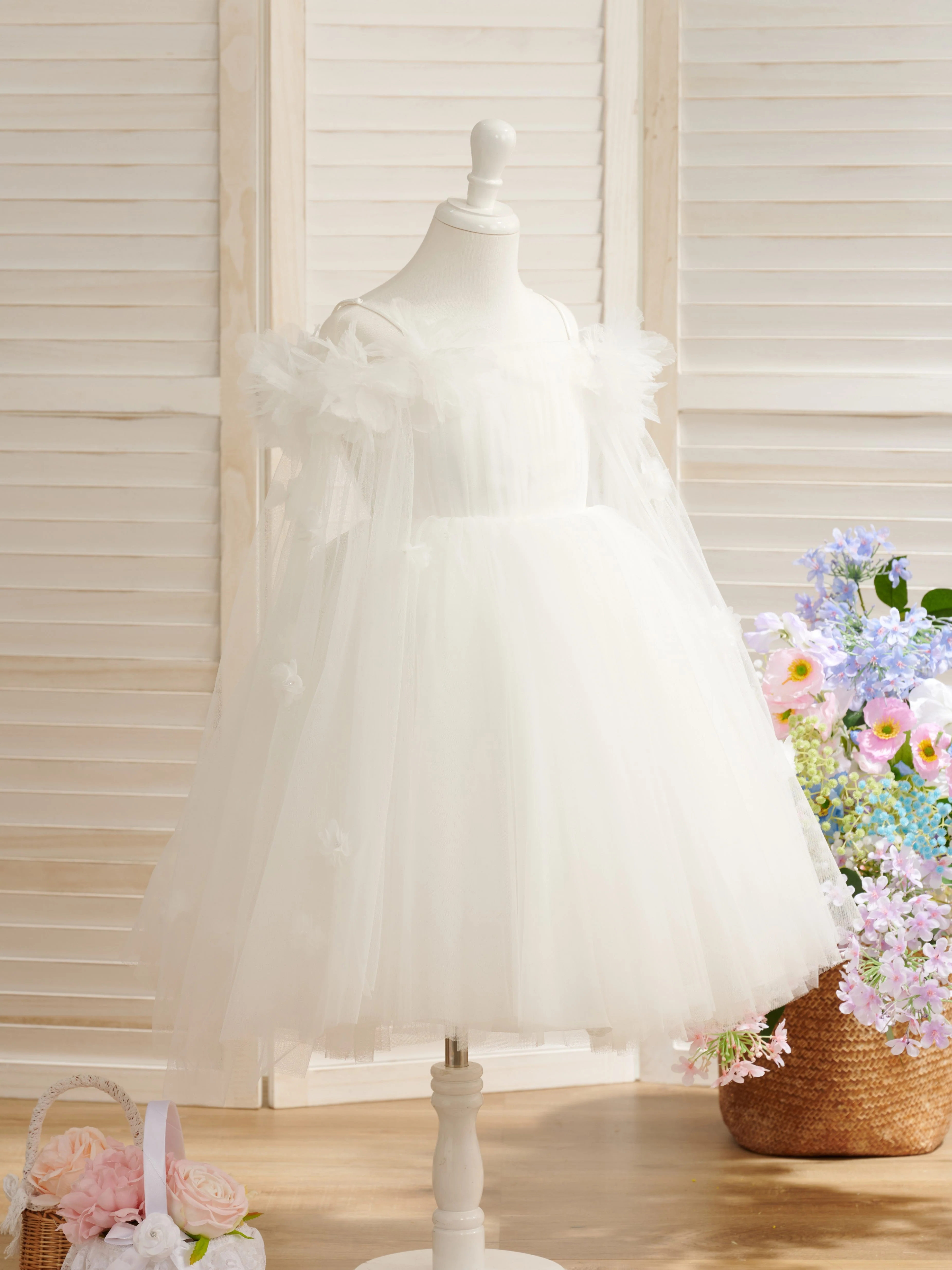 Ball-Gown/Princess Satin Tulle Tea-length Ivory Flower Girl Dress - Image 3