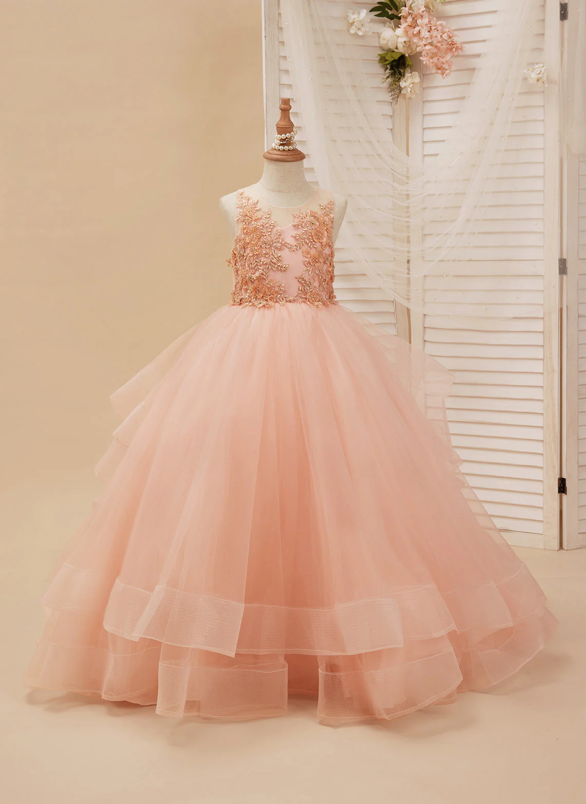 Ball-Gown/Princess Tulle Sweep Train Pink Flower Girl Dress - Image 2