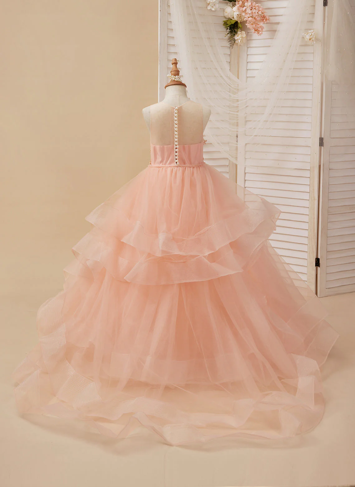 Ball-Gown/Princess Tulle Sweep Train Pink Flower Girl Dress - Image 3