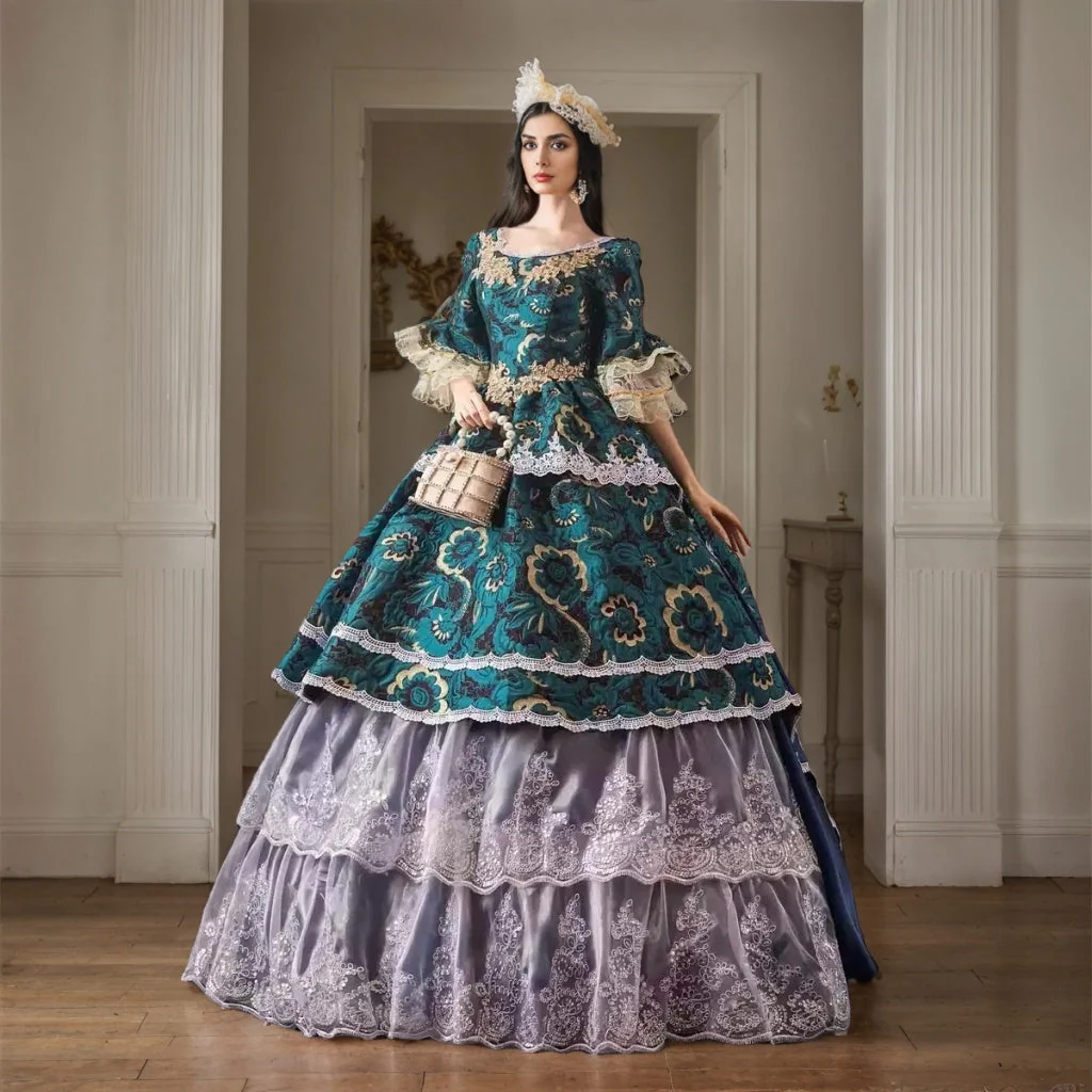 Ball Gown Round Neck Half Sleeves Floor-Length Rococo Victorian Party Costume Masquerade Prom Quinceanera Dress