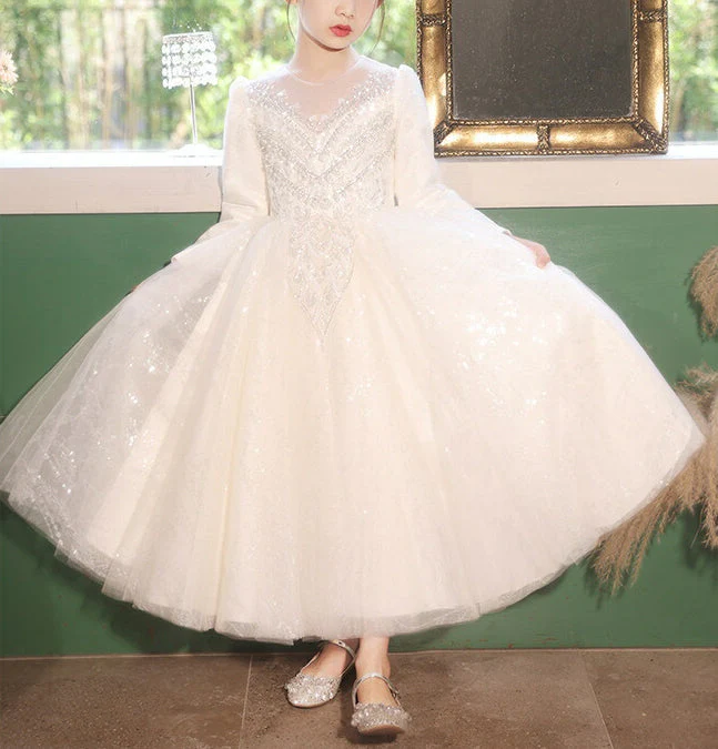 Ball Gown Round Neck Long Sleeves Flower Girl Dresses with Rhinestone Appliques - Image 3