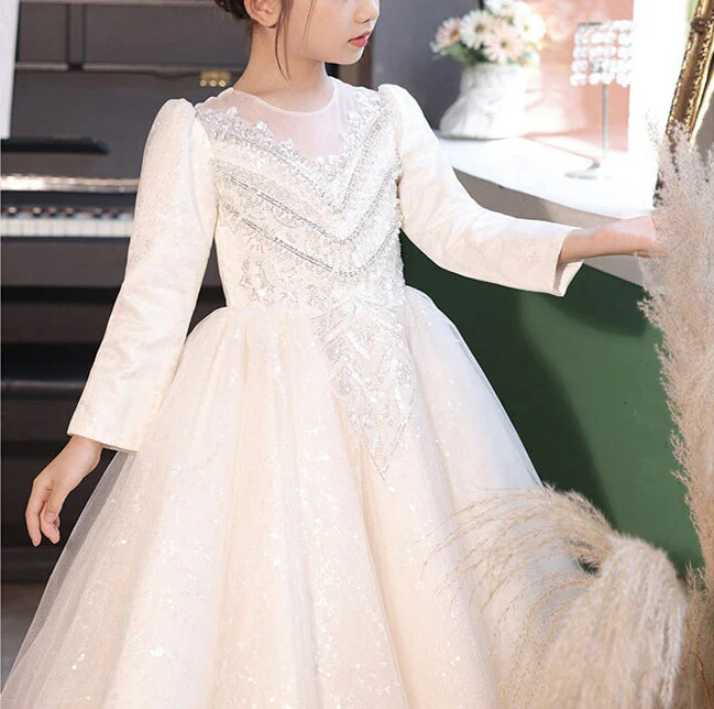 Ball Gown Round Neck Long Sleeves Flower Girl Dresses with Rhinestone Appliques - Image 8