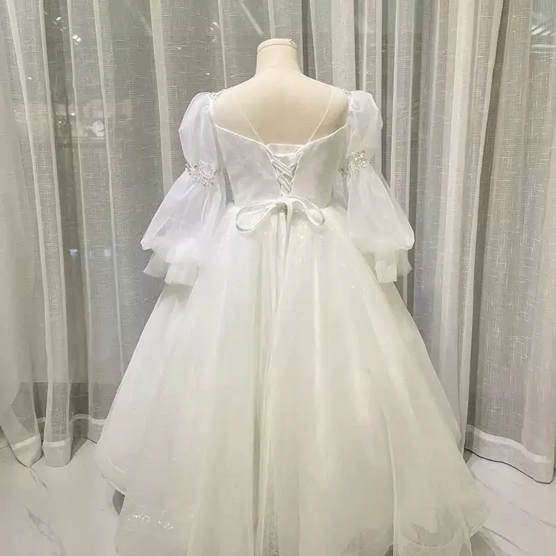 Ball Gown Round Neck Long Sleeves Flower Girl Lace Dress with Crystal Appliques - Image 2