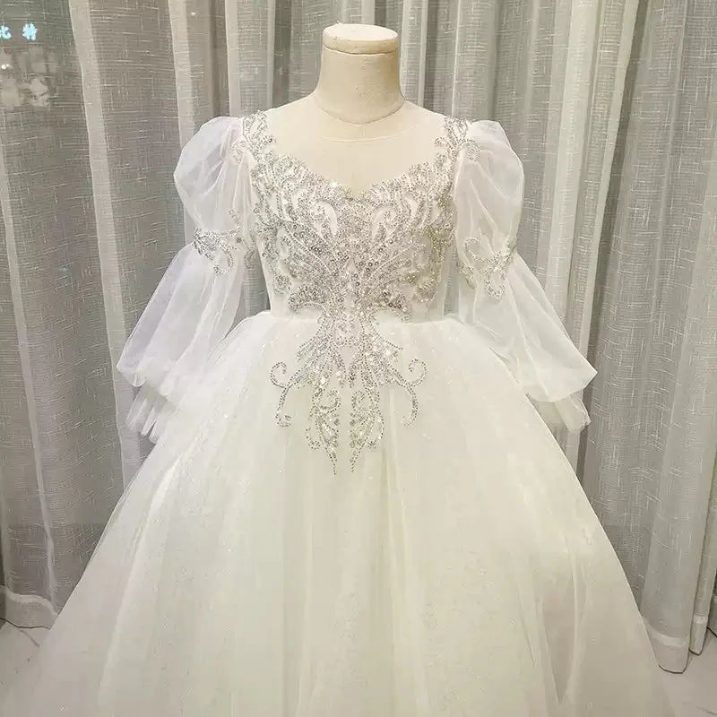 Ball Gown Round Neck Long Sleeves Flower Girl Lace Dress with Crystal Appliques - Image 3