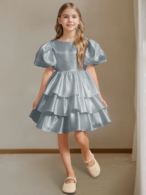 Ball-Gown Round Neck Short Sleeves Knee-Length Flower Girl Dress with Bowknot - Image 10