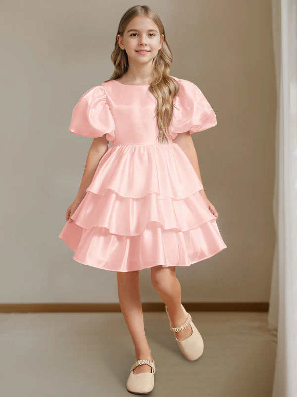 Ball-Gown Round Neck Short Sleeves Knee-Length Flower Girl Dress with Bowknot - Image 12