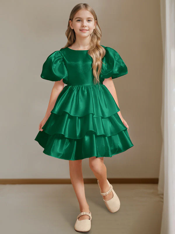 Ball-Gown Round Neck Short Sleeves Knee-Length Flower Girl Dress with Bowknot - Image 9