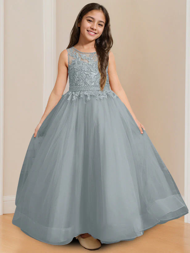 Ball-Gown Round Neck Sleeveless Floor-Length Flower Girl Dress with Appliques - Image 10