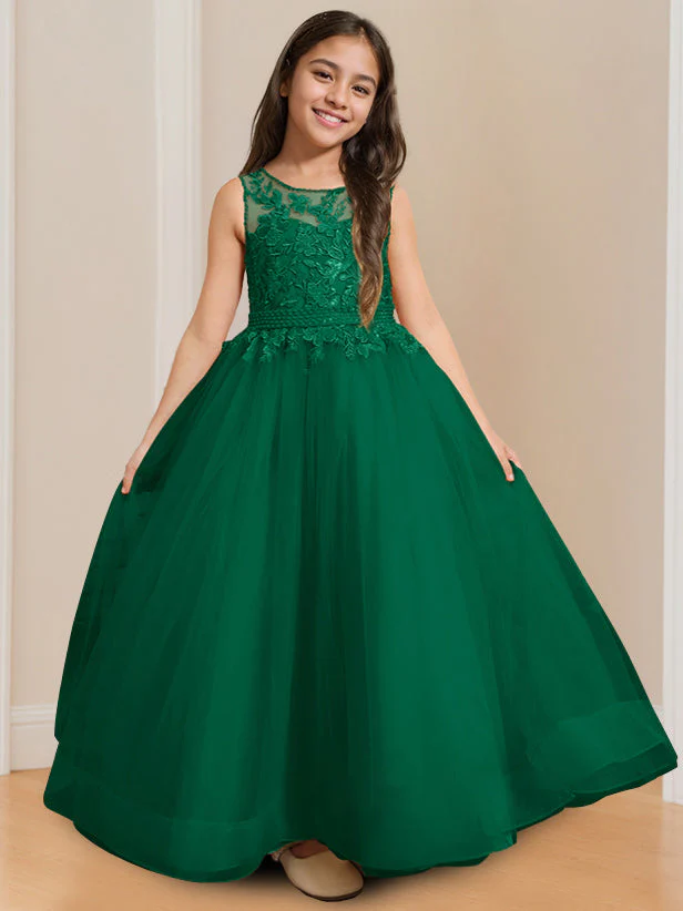 Ball-Gown Round Neck Sleeveless Floor-Length Flower Girl Dress with Appliques - Image 12