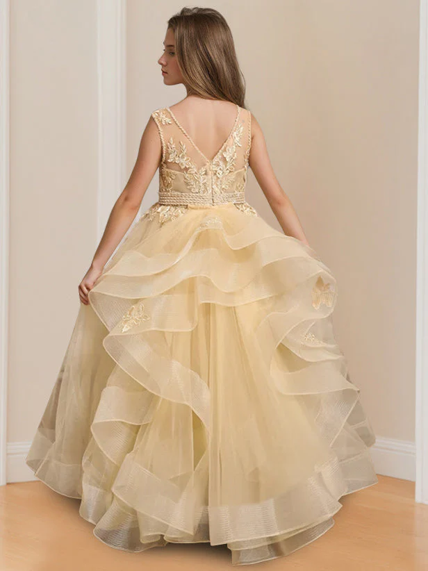 Ball-Gown Round Neck Sleeveless Floor-Length Flower Girl Dress with Appliques - Image 2