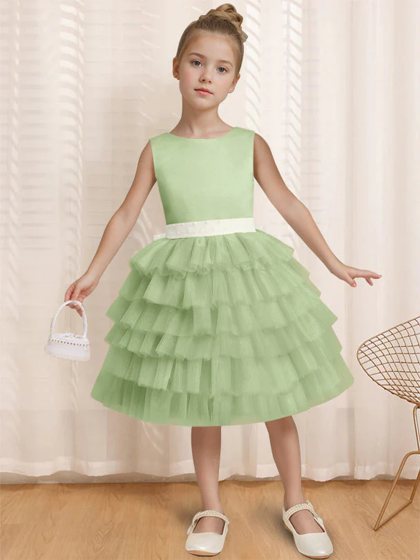 Ball-Gown Round Neck Sleeveless Knee-Length Flower Girl Dress with Ruffles & Bowknot - Image 10