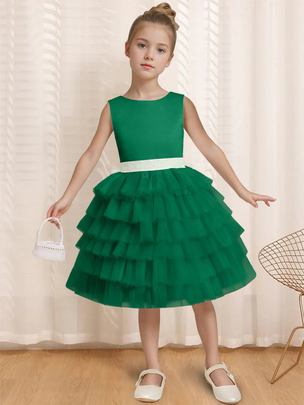 Ball-Gown Round Neck Sleeveless Knee-Length Flower Girl Dress with Ruffles & Bowknot - Image 11