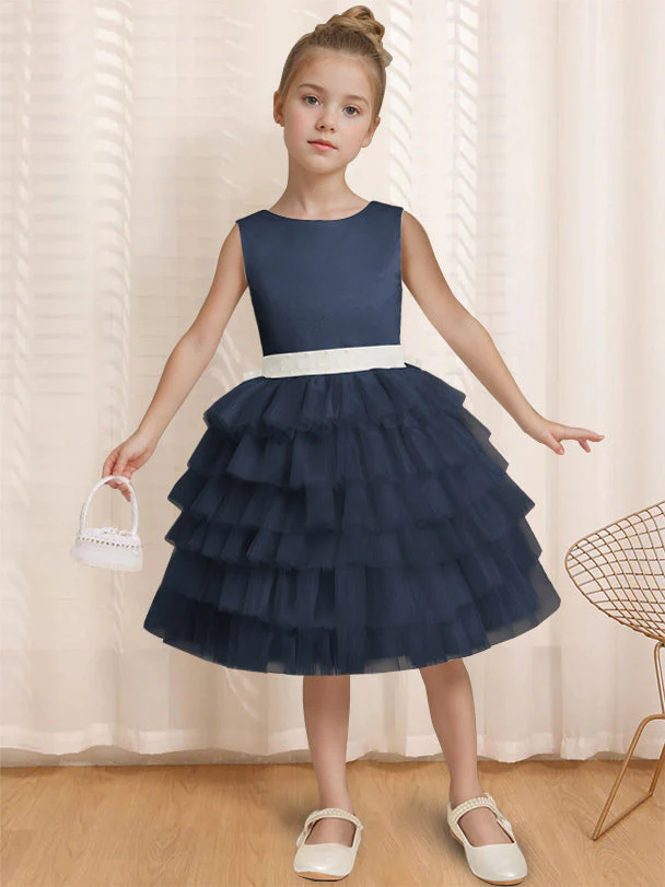 Ball-Gown Round Neck Sleeveless Knee-Length Flower Girl Dress with Ruffles & Bowknot - Image 12