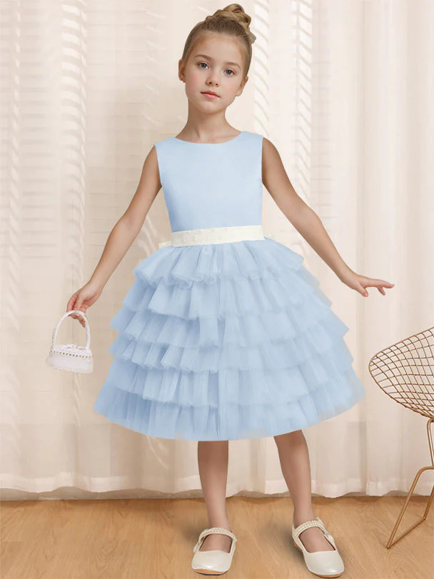 Ball-Gown Round Neck Sleeveless Knee-Length Flower Girl Dress with Ruffles & Bowknot - Image 13