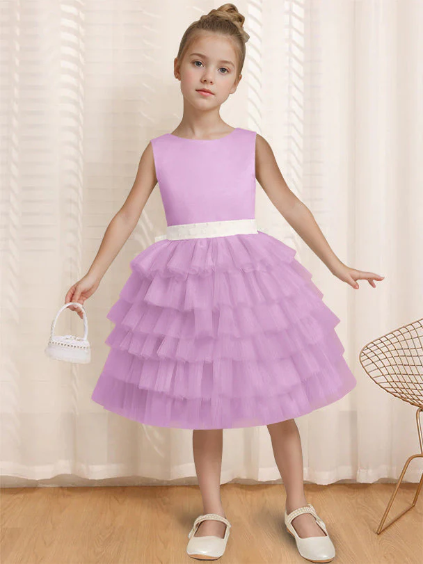 Ball-Gown Round Neck Sleeveless Knee-Length Flower Girl Dress with Ruffles & Bowknot - Image 14