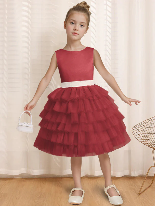 Ball-Gown Round Neck Sleeveless Knee-Length Flower Girl Dress with Ruffles & Bowknot - Image 15