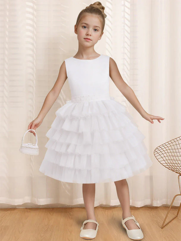 Ball-Gown Round Neck Sleeveless Knee-Length Flower Girl Dress with Ruffles & Bowknot - Image 5