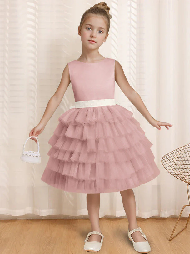 Ball-Gown Round Neck Sleeveless Knee-Length Flower Girl Dress with Ruffles & Bowknot - Image 6