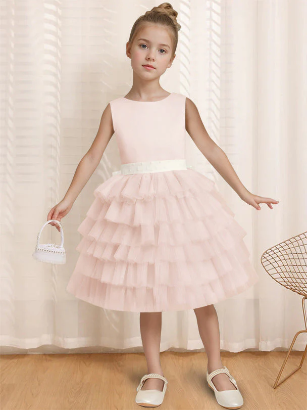 Ball-Gown Round Neck Sleeveless Knee-Length Flower Girl Dress with Ruffles & Bowknot - Image 7
