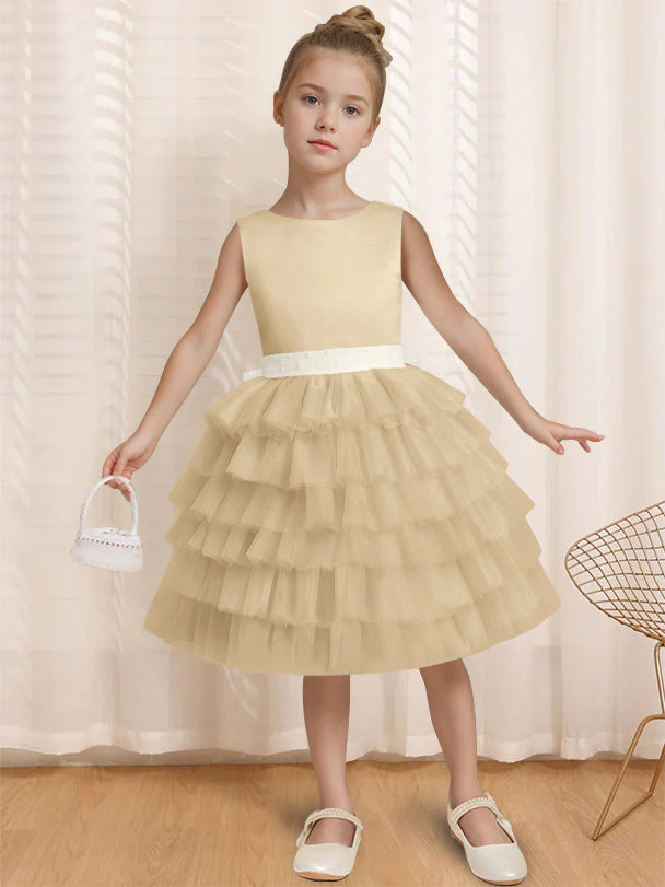 Ball-Gown Round Neck Sleeveless Knee-Length Flower Girl Dress with Ruffles & Bowknot - Image 8