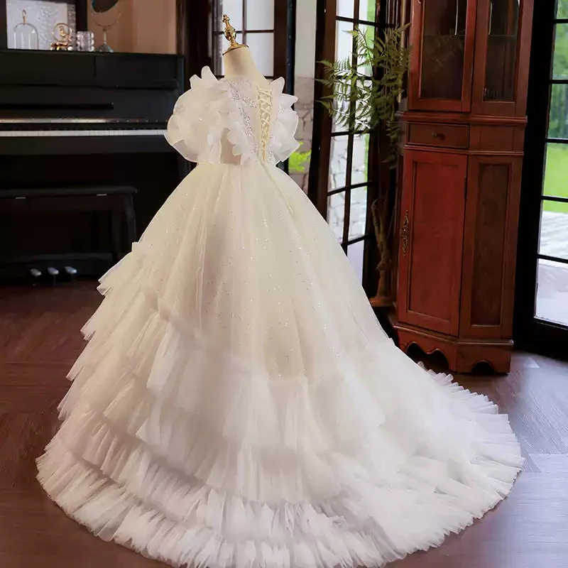 Ball Gown Ruffled Tulle Layered Flower Girl Party Dress with Rhinestone Appliques - Image 2