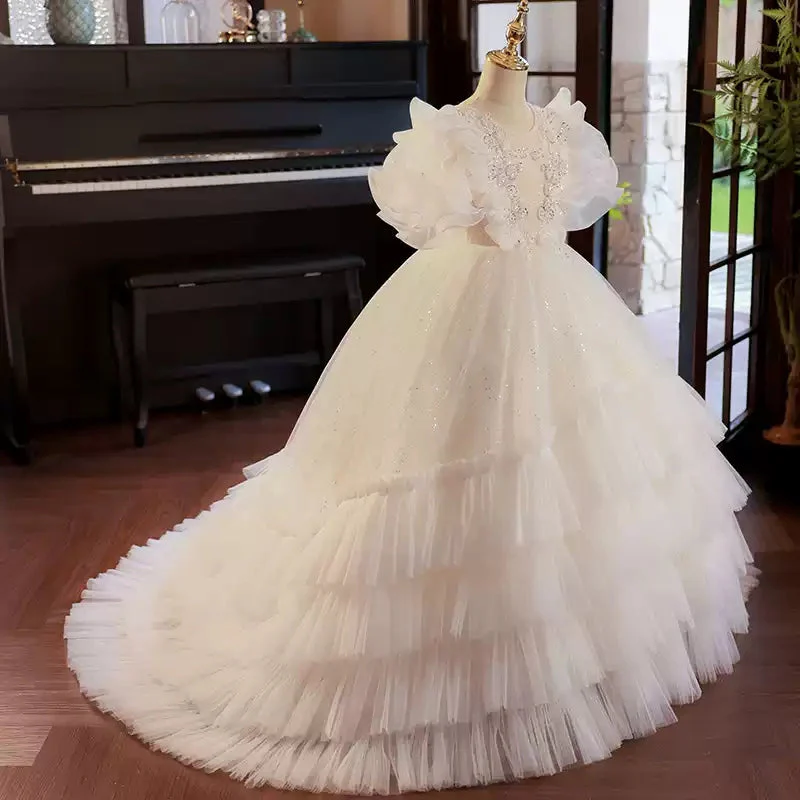 Ball Gown Ruffled Tulle Layered Flower Girl Party Dress with Rhinestone Appliques - Image 3