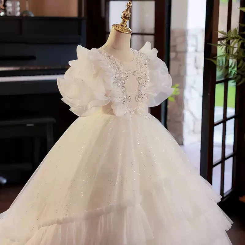 Ball Gown Ruffled Tulle Layered Flower Girl Party Dress with Rhinestone Appliques - Image 4