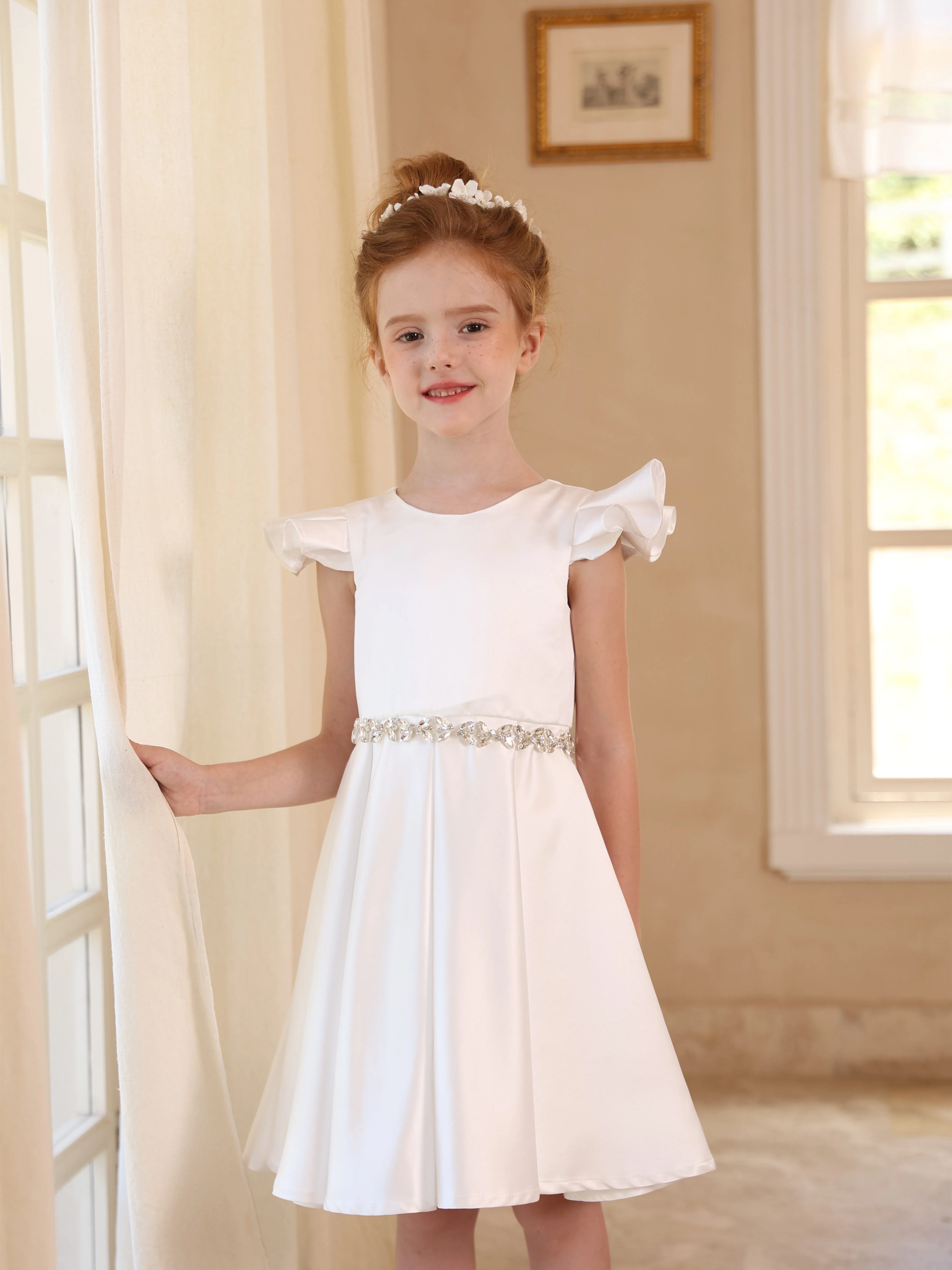 Ball-Gown Satin Scoop Sleeveless Knee-Length Ruched Flower Girl Dresses - Image 5