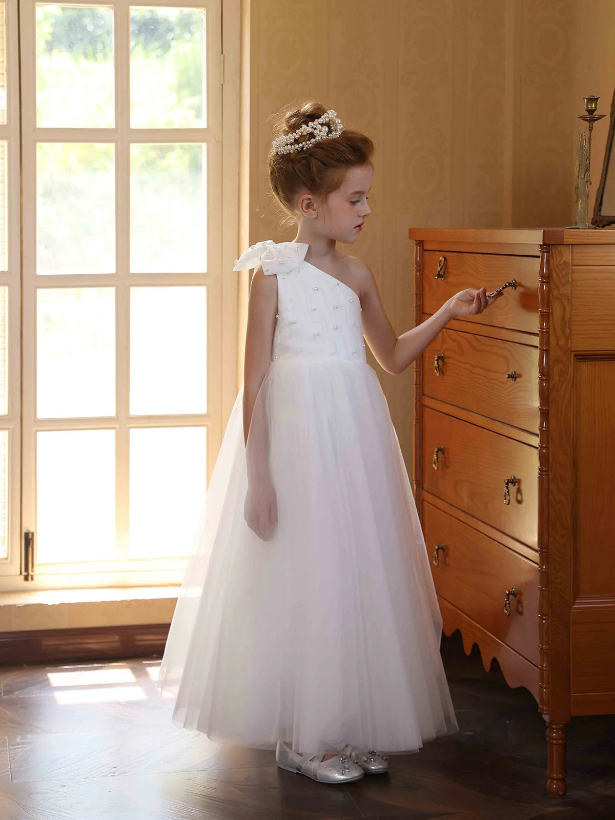 Ball-Gown Satin Tulle One-shoulder Sleeveless Ankle-Length Flower Girl Dresses With Bowknot - Image 3