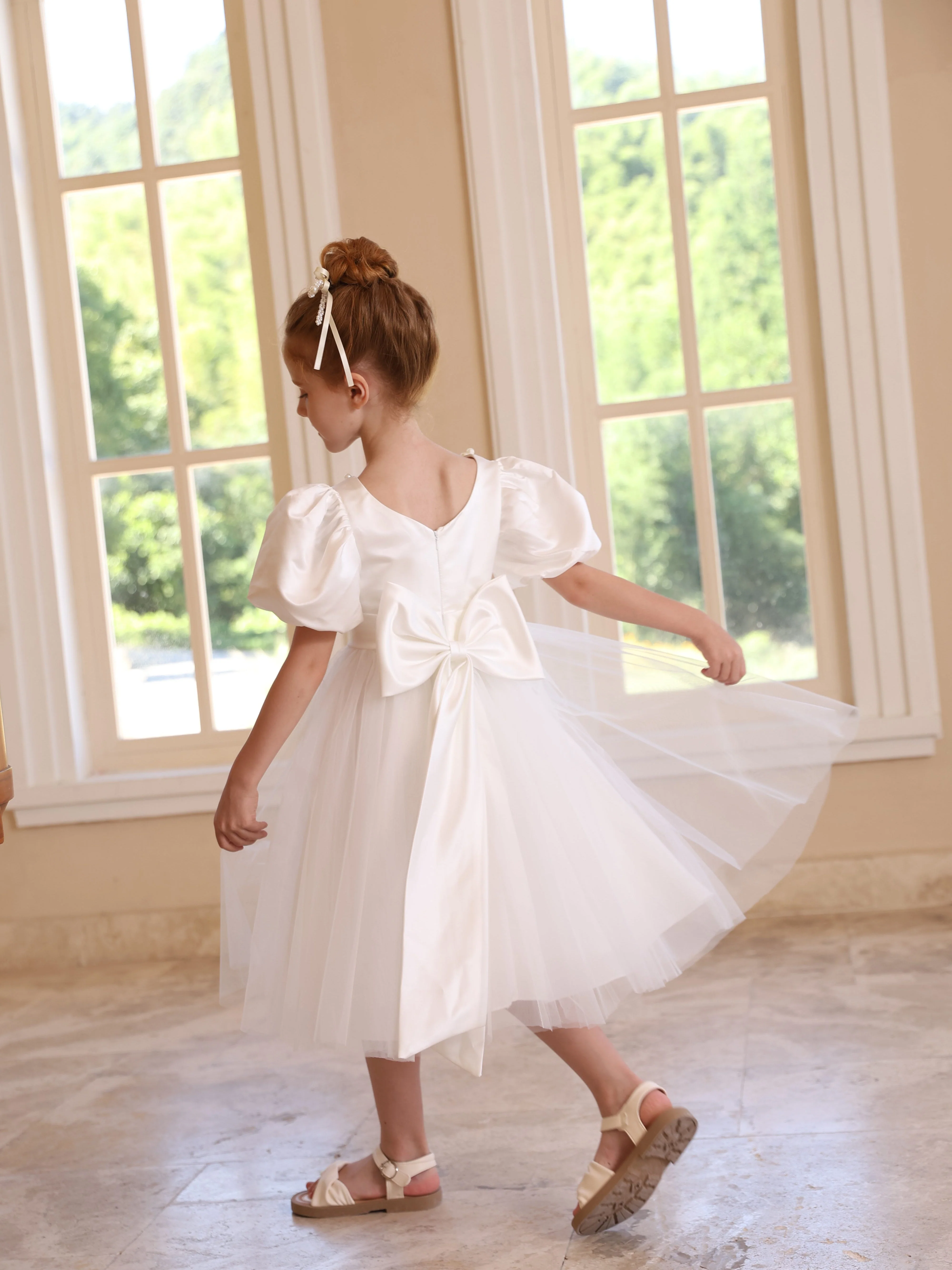 Ball-Gown Satin Tulle Scoop Short Sleeves Tea-Length Flower Girl Dresses With Bowknot - Image 5