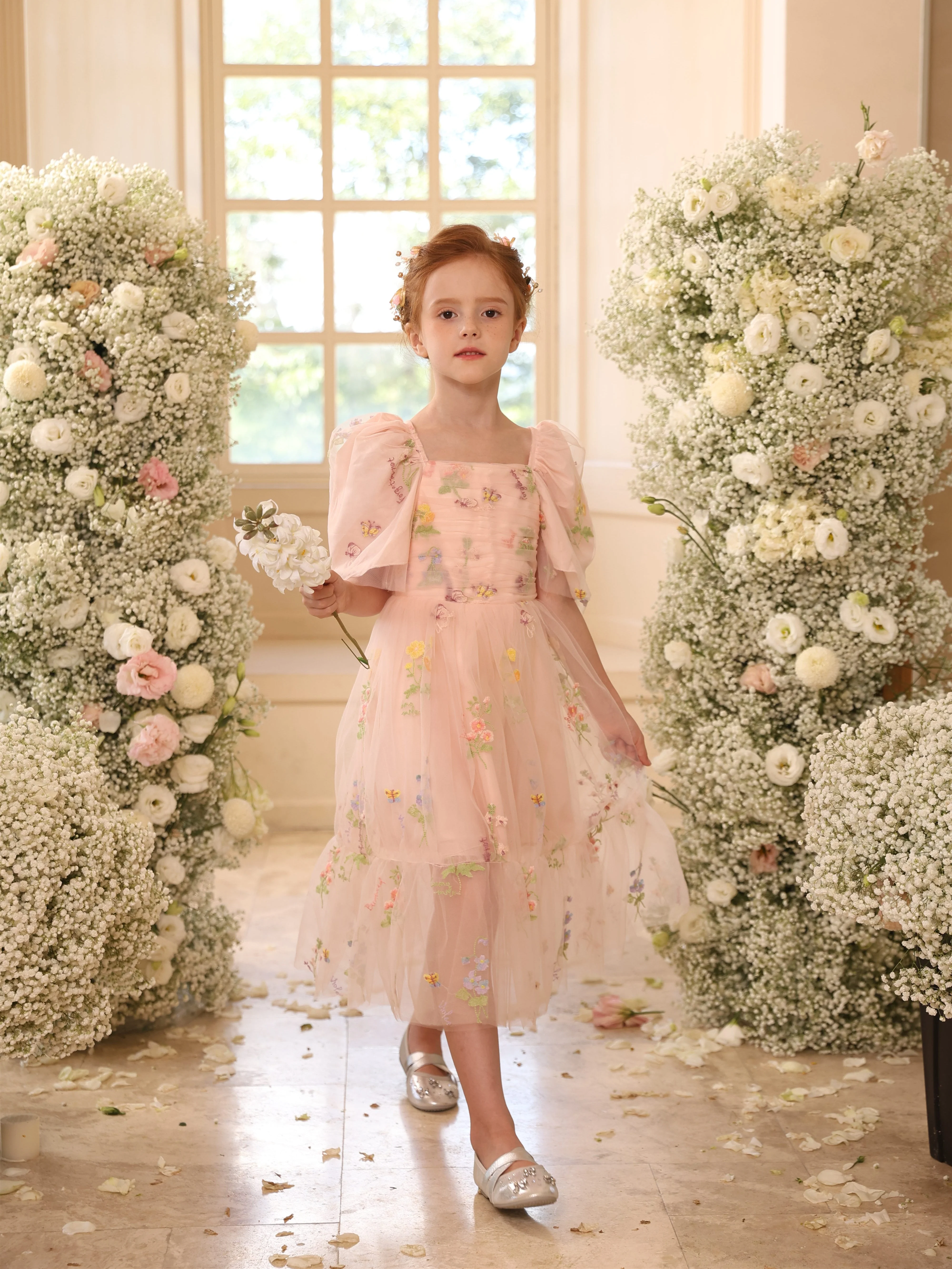 Ball-Gown Satin Tulle Scoop Sleeveless Floor-Length Flower Girl Dresses With Flower