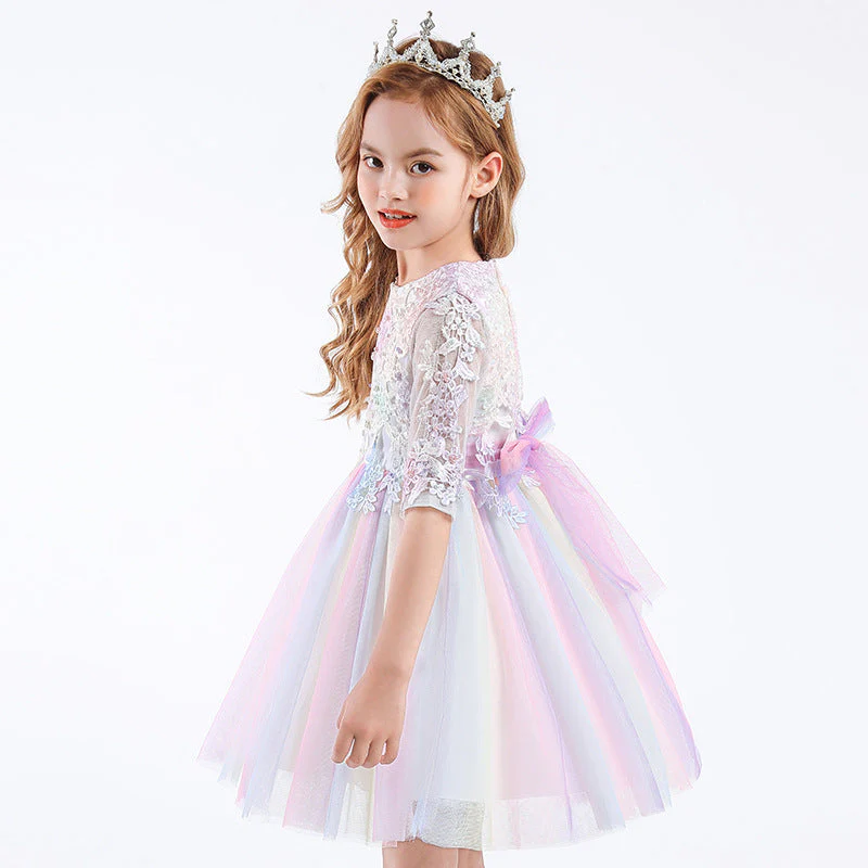 Ball Gown Scoop Neck Half Sleeves Tulle Flower Girl Dress with Appliques & Bow - Image 4