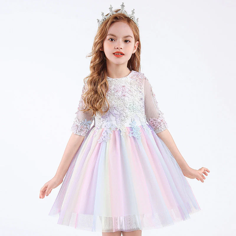 Ball Gown Scoop Neck Half Sleeves Tulle Flower Girl Dress with Appliques & Bow - Image 5