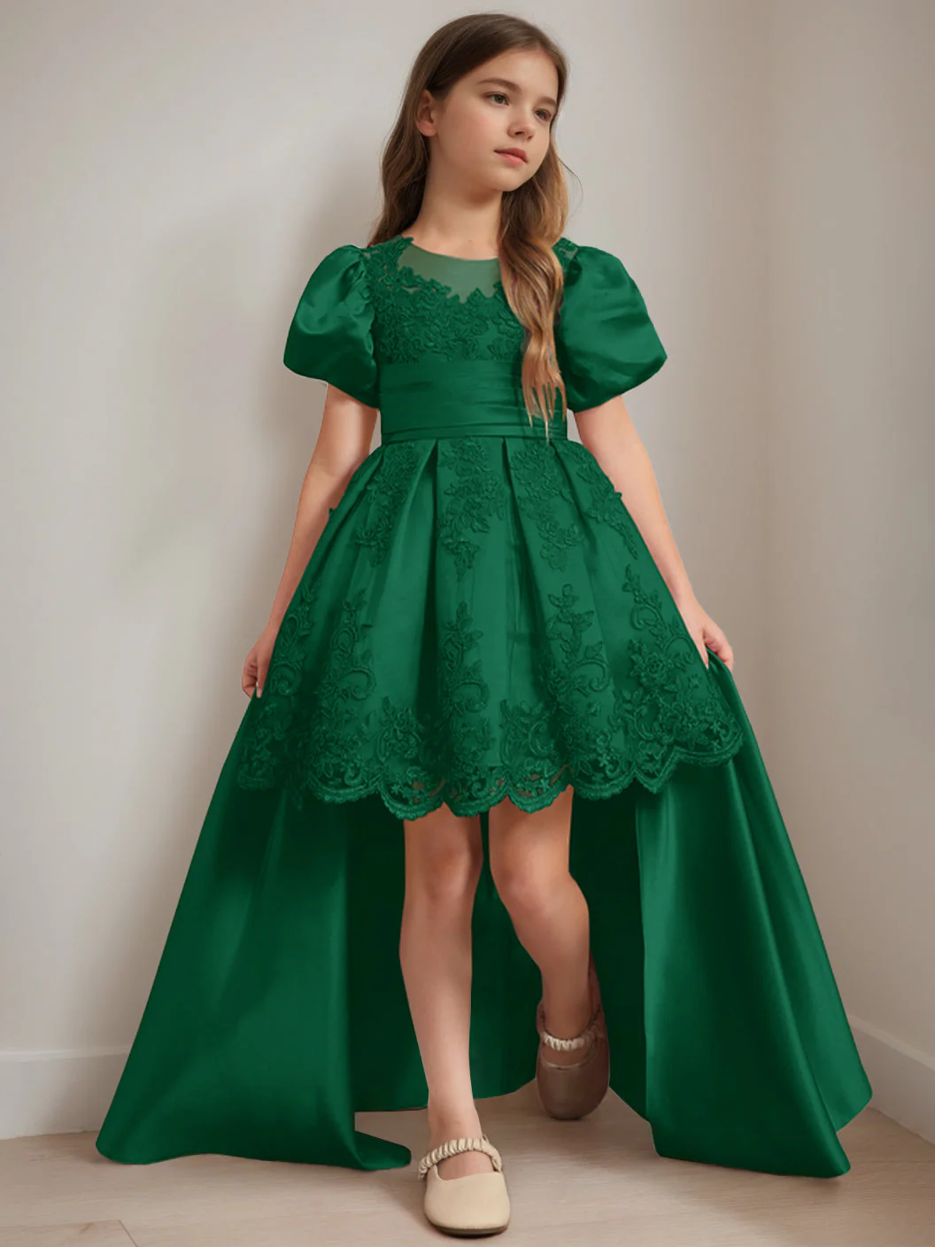Ball-Gown Scoop Neck Short Sleeves Knee-Length Flower Girl Dress with Appliques - Image 19